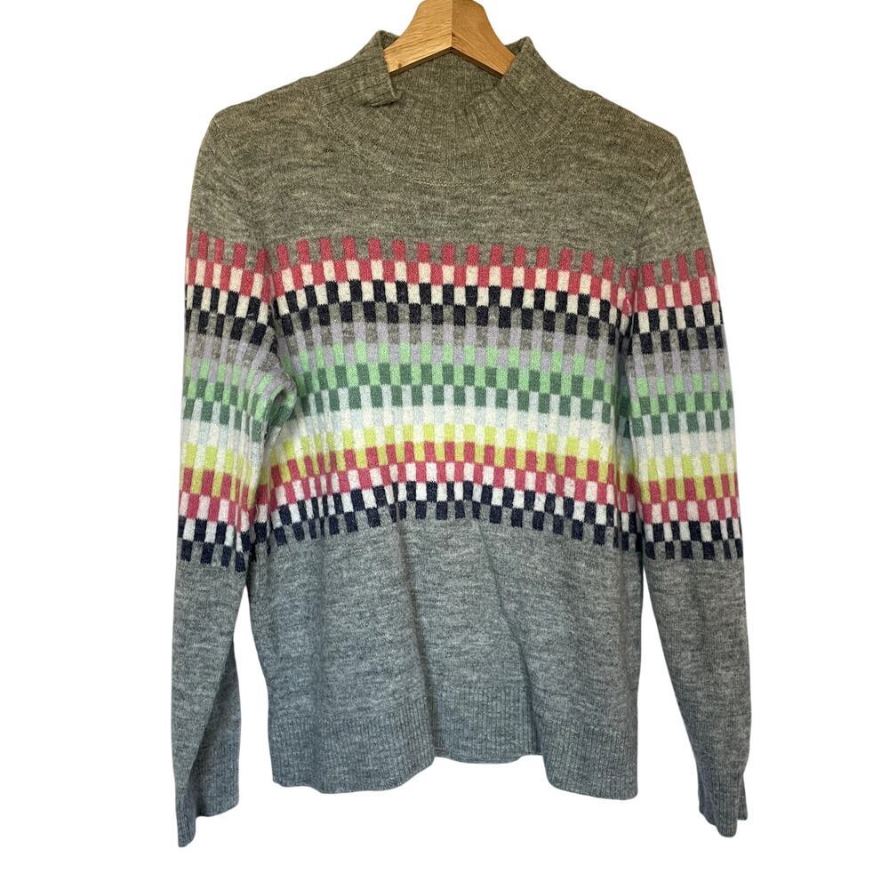 LOFT gray wool blend colorful center stripe women's size L turtleneck sweater